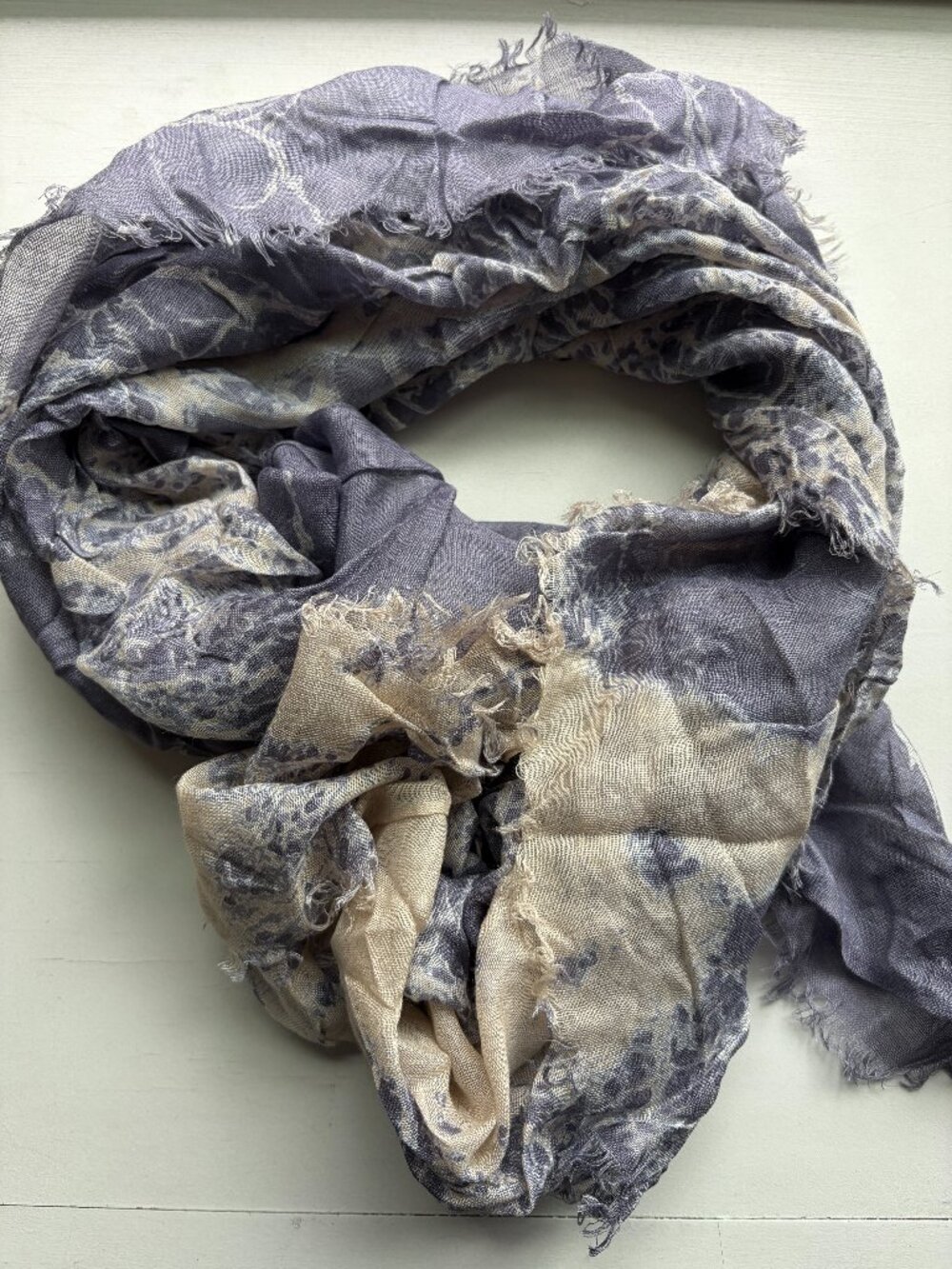French Connection Lavender Gray Marble Print Frayed Edge Scarf